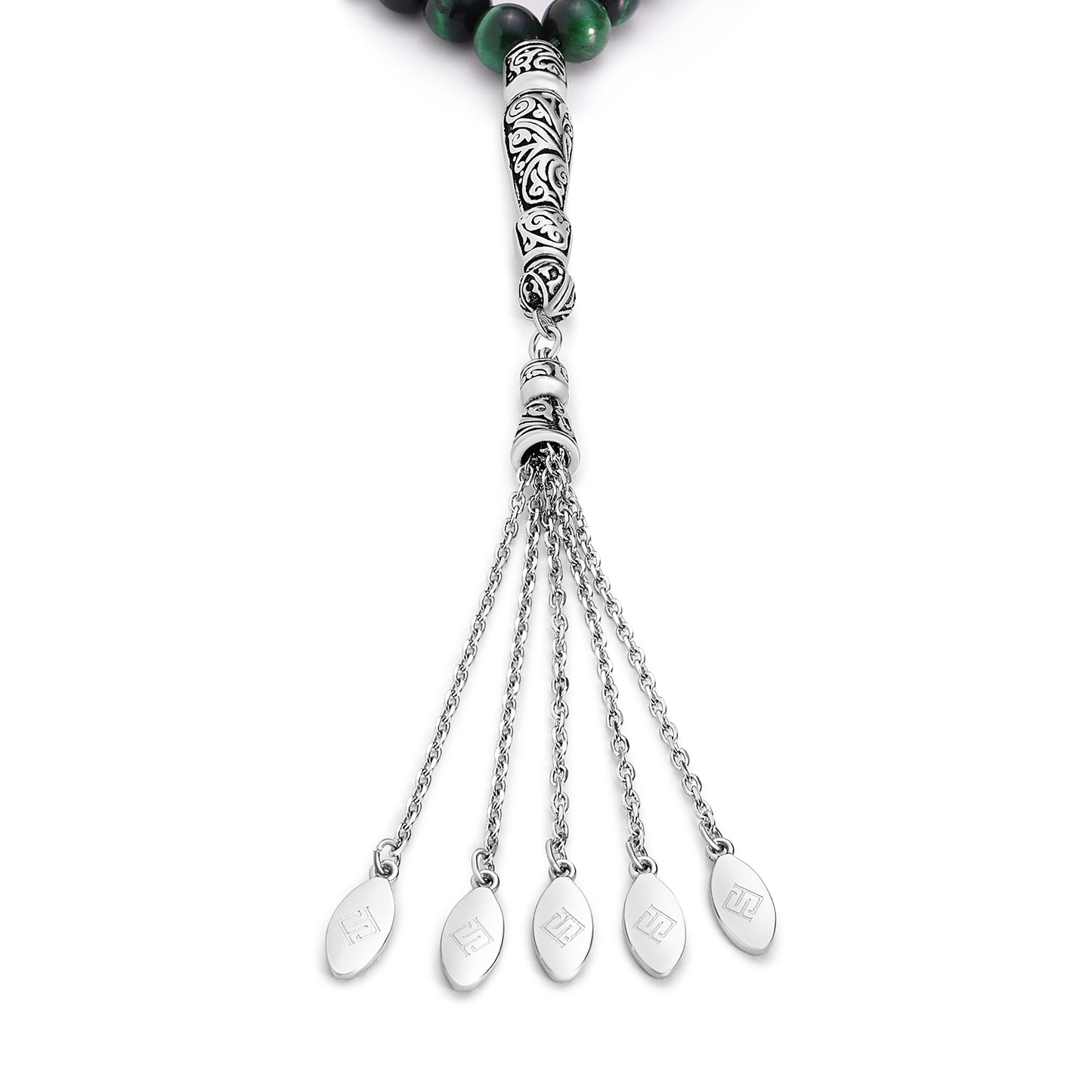 Green Tiger Eye Rosary 45 Round Bead 8 MM Whit Stainless Steel 316L Set (Silver & Black Plated)