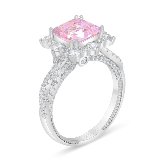 Sterling Silver 925 Ring Rhodium Plated Embedded With Pink Zircon And White Zircon