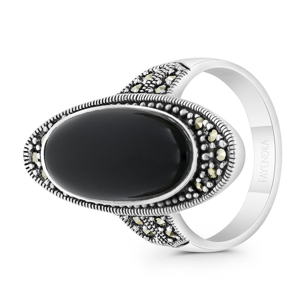 Sterling Silver 925 Ring Embedded With Natural Black Agate And Marcasite Stones