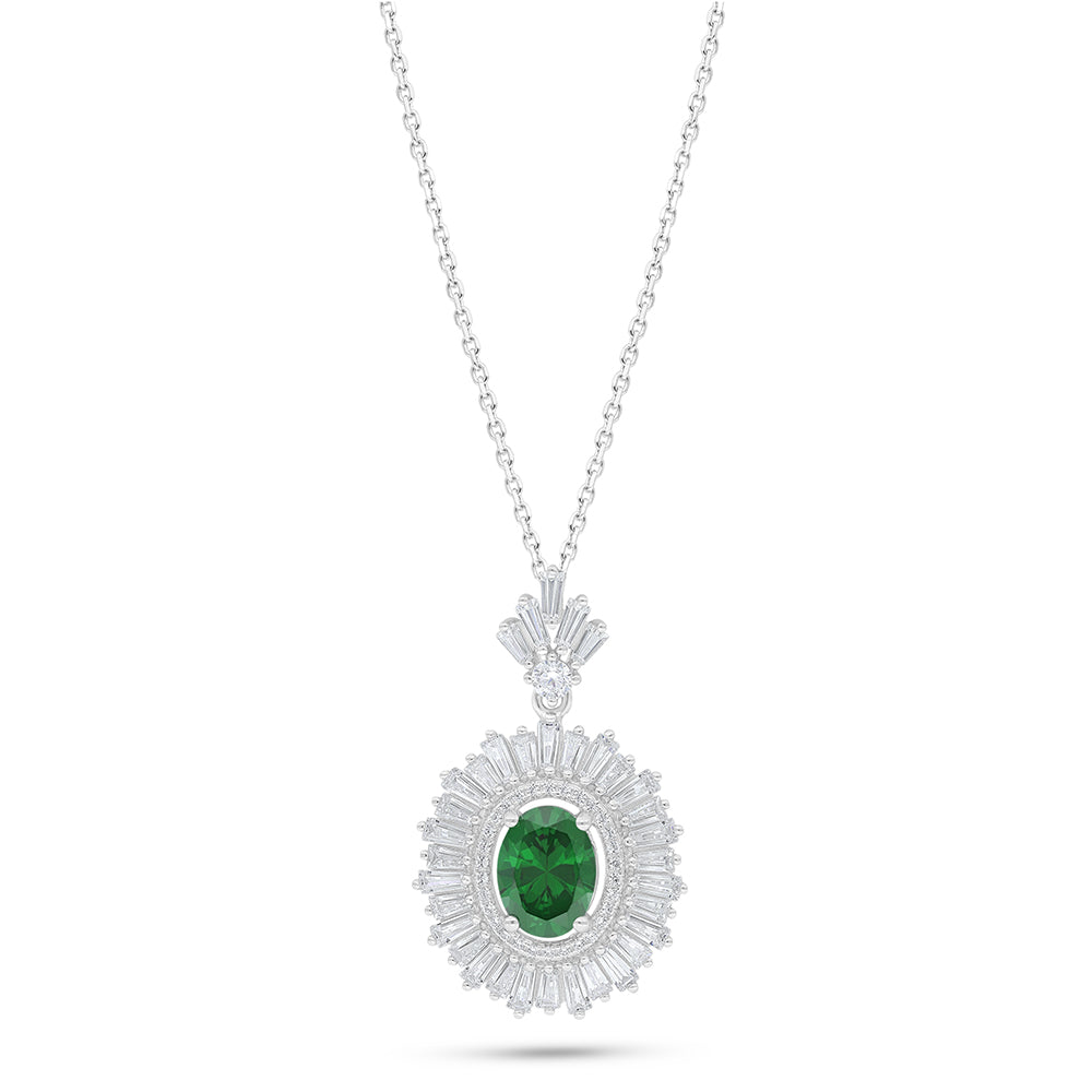 Sterling Silver 925 Necklace Rhodium Plated Embedded With Emerald Zircon And White Zircon