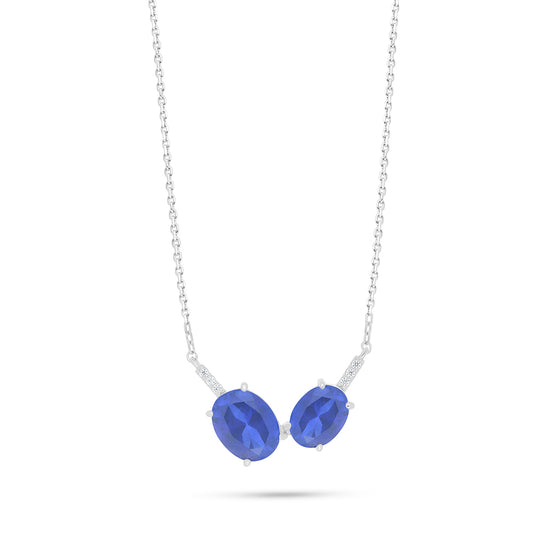 Sterling Silver 925 Necklace Rhodium Plated Embedded With Sapphire Corundum And White Zircon