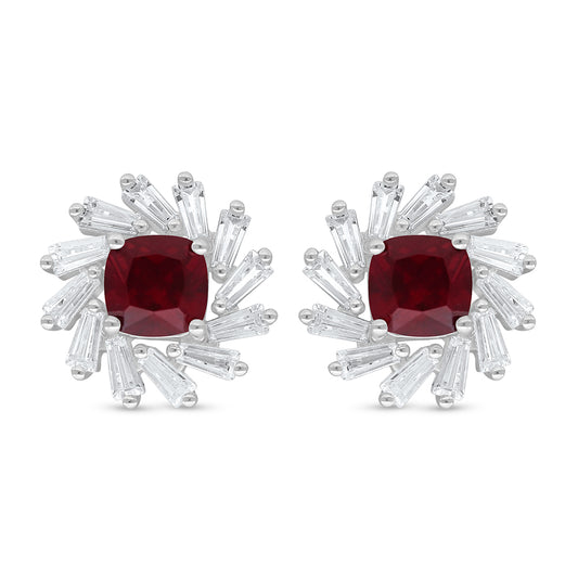 Sterling Silver 925 Earring Rhodium Plated Embedded With Ruby Corundum And White Zircon