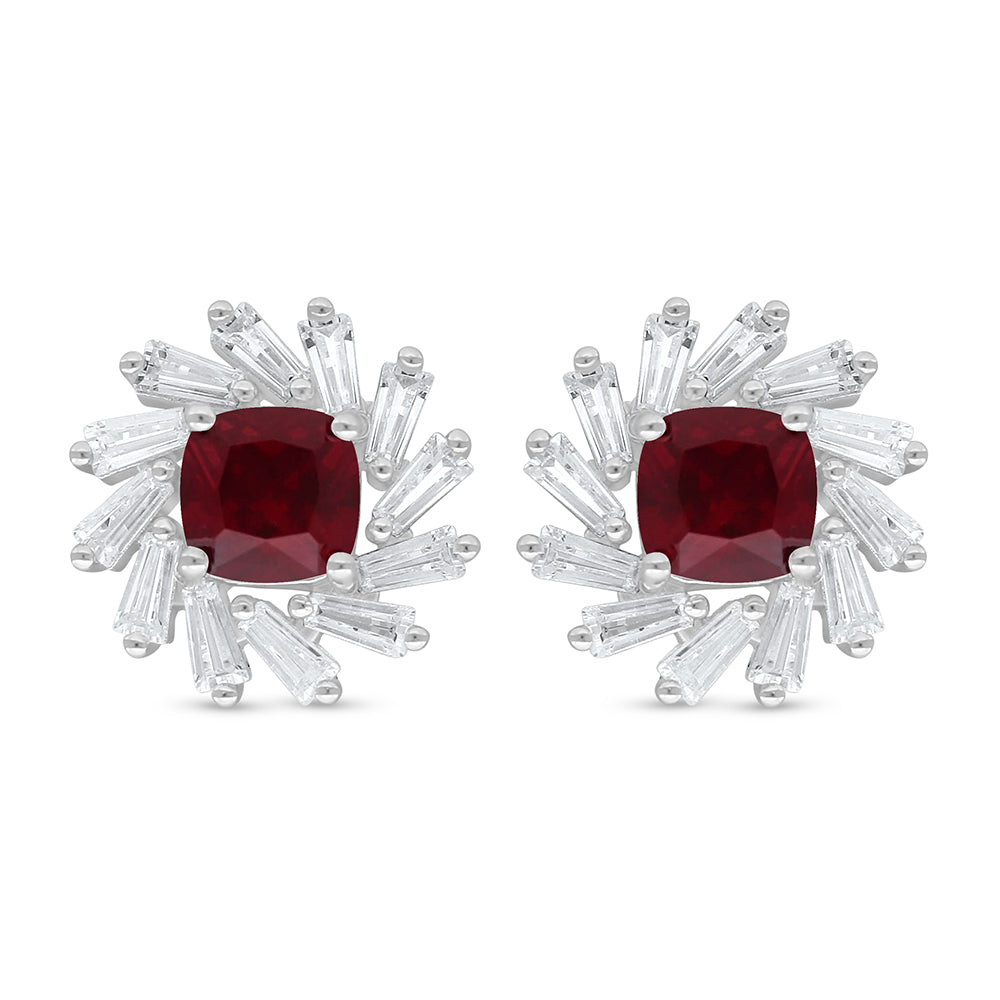 Sterling Silver 925 Earring Rhodium Plated Embedded With Ruby Corundum And White Zircon