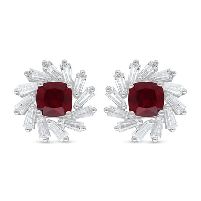 Sterling Silver 925 Earring Rhodium Plated Embedded With Ruby Corundum And White Zircon