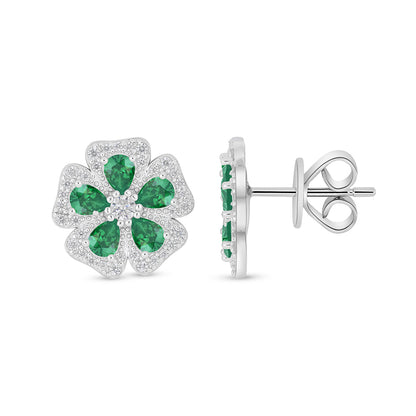Sterling Silver 925 Earring Rhodium Plated Embedded With Emerald Zircon And White Zircon