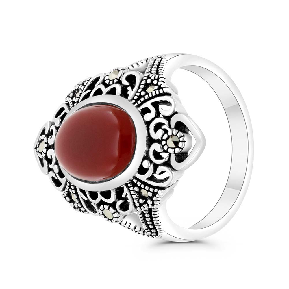 Sterling Silver 925 Ring Embedded With Natural Aqiq And Marcasite Stones