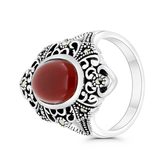 Sterling Silver 925 Ring Embedded With Natural Aqiq And Marcasite Stones