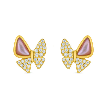 Sterling Silver 925 Earring Golden Plated Embedded With Pink Shell And White Zircon
