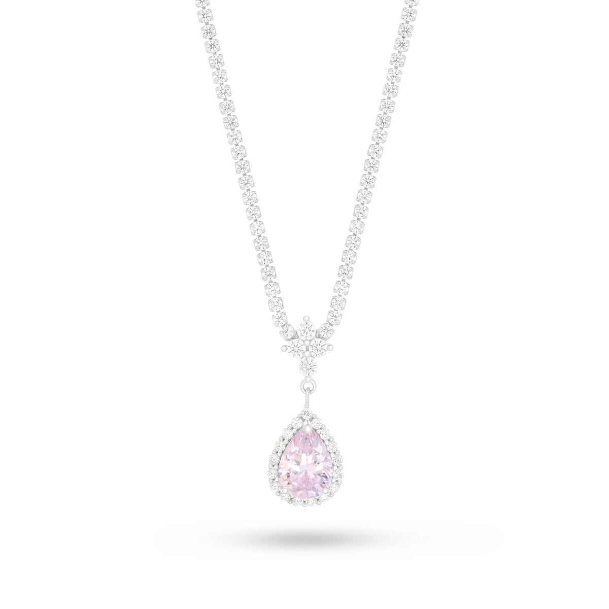 Sterling Silver 925 Necklace Rhodium Plated Embedded With Pink Zircon And White Zircon