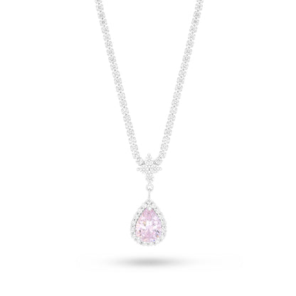Sterling Silver 925 Necklace Rhodium Plated Embedded With Pink Zircon And White Zircon