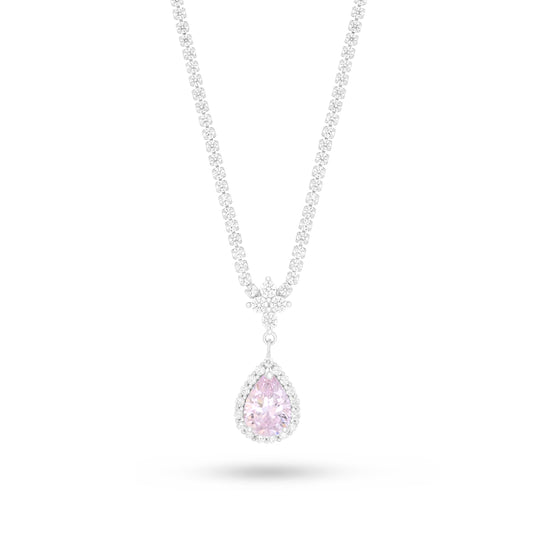 Sterling Silver 925 Necklace Rhodium Plated Embedded With Pink Zircon And White Zircon