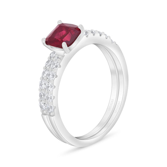 Sterling Silver 925 Ring (Twins) Rhodium Plated Embedded With Ruby Corundum And White Zircon