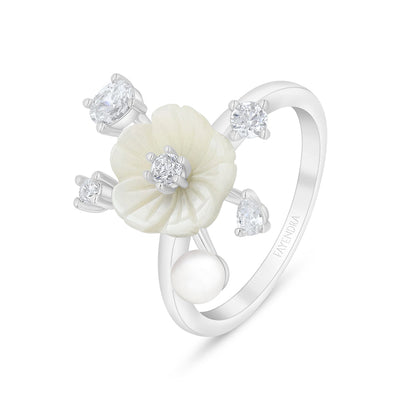 Sterling Silver 925 Ring Rhodium Plated Embedded With Natural White Pearl And White Shell