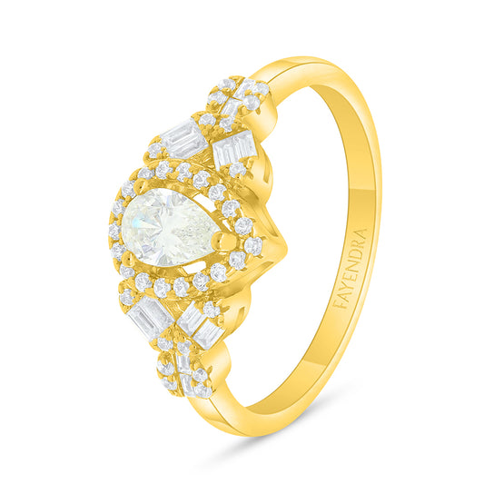 Sterling Silver 925 Ring Golden Plated Embedded With Yellow Diamond And White Zircon