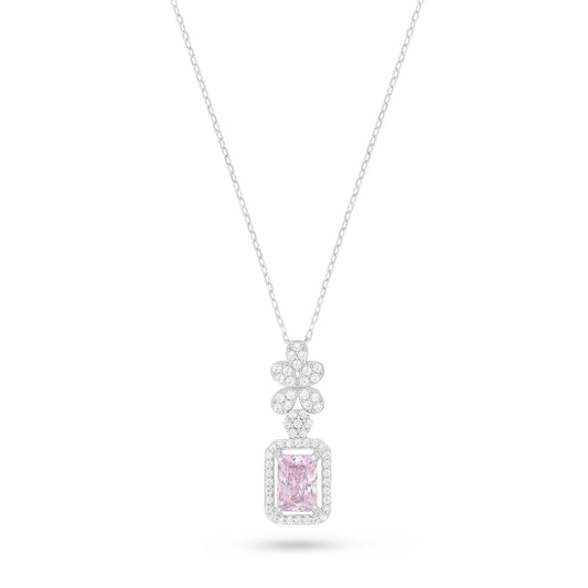 Sterling Silver 925 Necklace Rhodium Plated Embedded With Pink Zircon And White Zircon