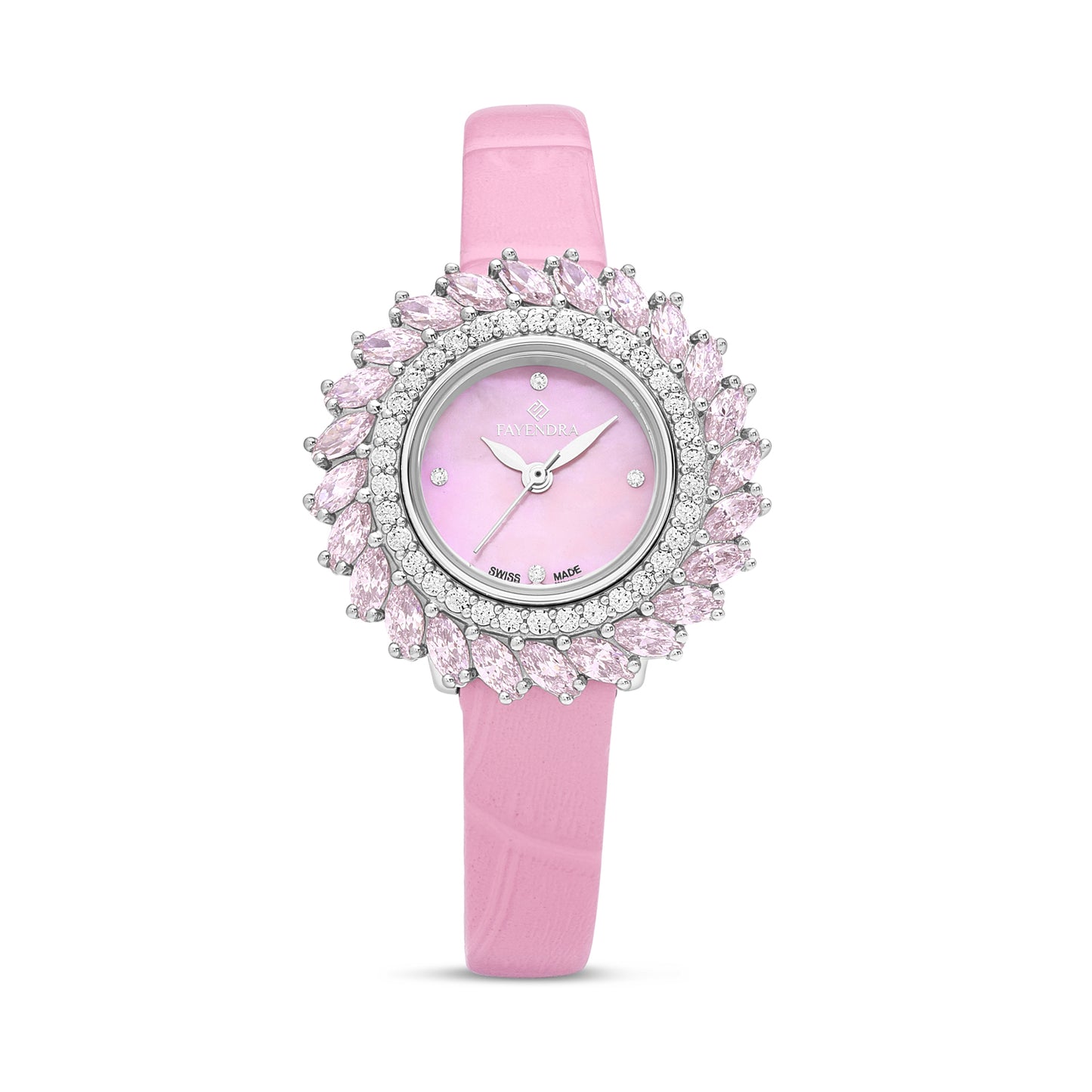 Stainless Steel 316 Watch Silver Color Pink Leather Embedded With Pink Zircon And White Zircon - PINK MOP DIAL
