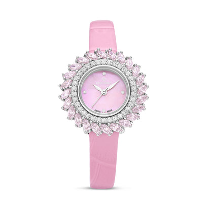 Stainless Steel 316 Watch Silver Color Pink Leather Embedded With Pink Zircon And White Zircon - PINK MOP DIAL
