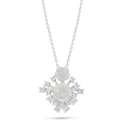Sterling Silver 925 Necklace Rhodium Plated Embedded With White Shell And White Zircon