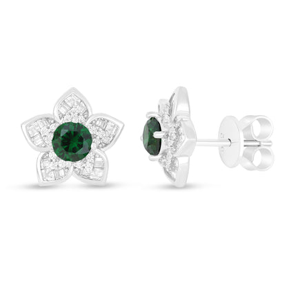 Sterling Silver 925 Earring Rhodium Plated Embedded With Emerald Zircon And White Zircon