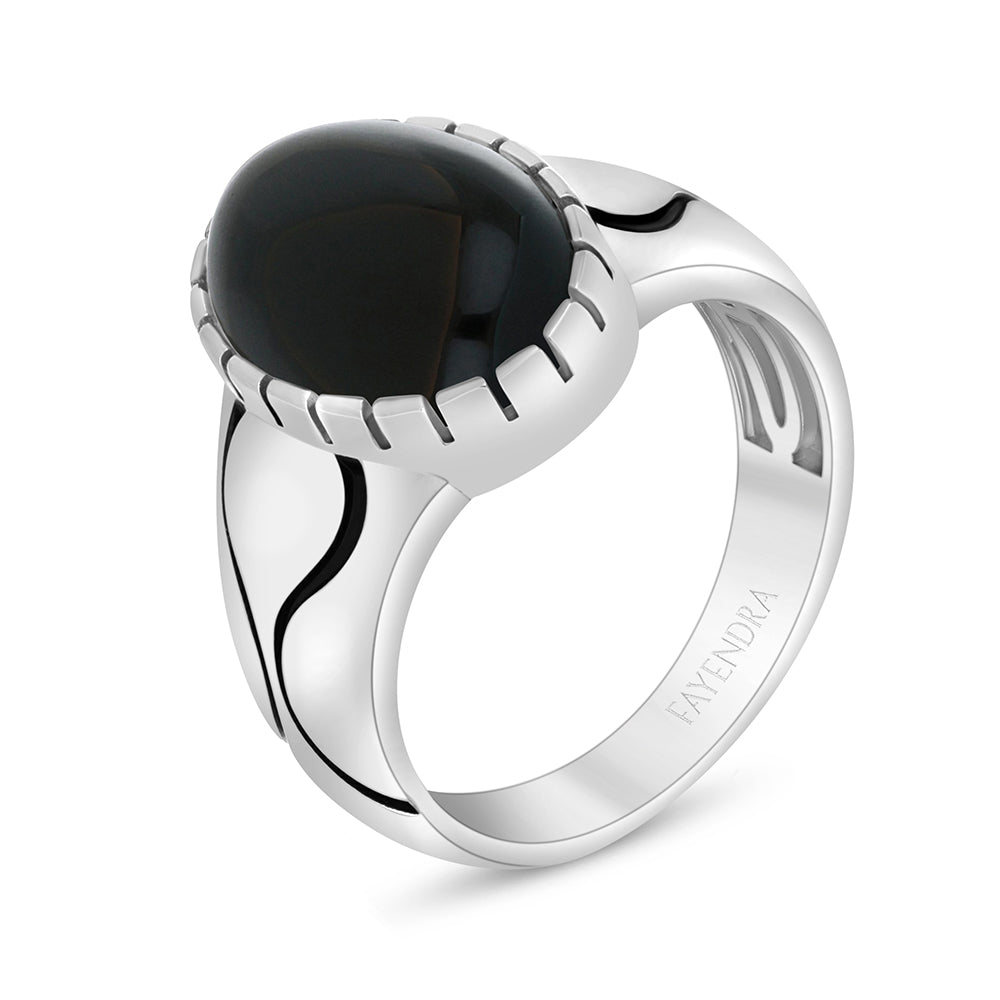 Sterling Silver 925 Ring Rhodium And Black Plated Embedded With Cabochon Black Agate For Men