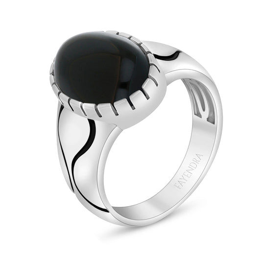 Sterling Silver 925 Ring Rhodium And Black Plated Embedded With Cabochon Black Agate For Men