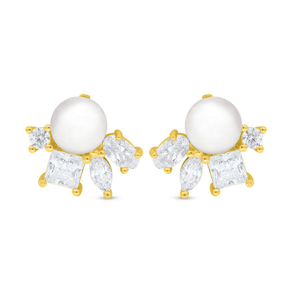 اقراط من الفضة الخالصة عيار 925 مطلي ذهبي مرصع لولو ابيض طبيعي و زركون كناري الماسي و فص ابيض