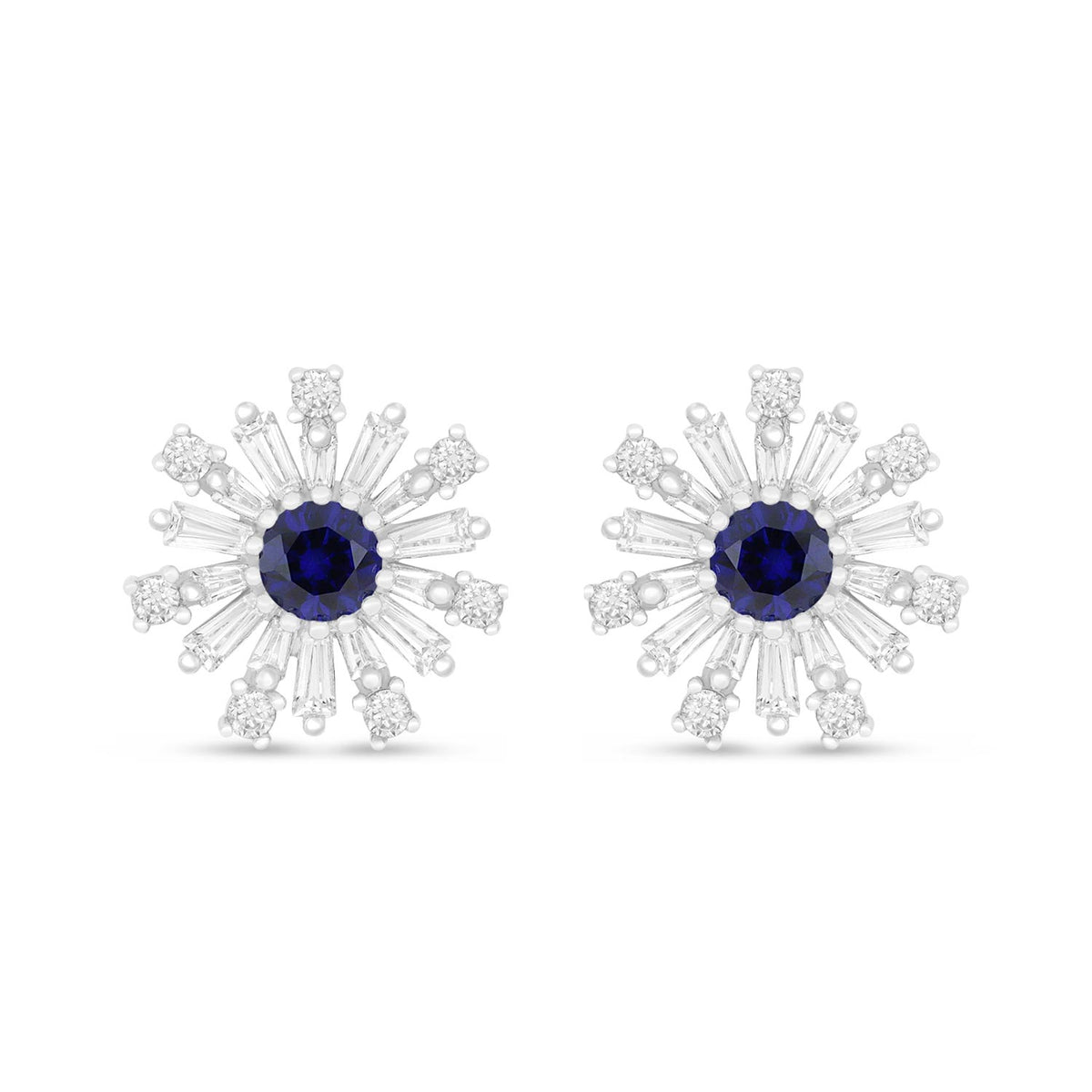 Sterling Silver 925 Earring Rhodium Plated Embedded With Sapphire Corundum And White Zircon