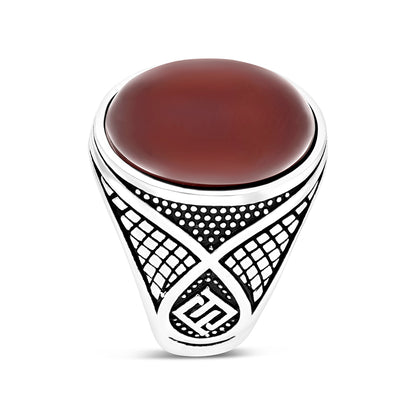 خاتم رجالي فضة عيار 925 مطلي روديوم احجار عقيق طبيعي LOGO