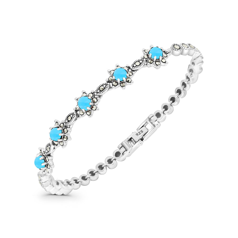 Sterling Silver 925 Set Embedded With Natural Processed Turquoise And Marcasite Stones
