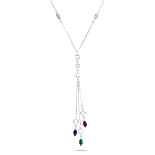 Sterling Silver 925 Necklace Rhodium Plated Embedded With Sapphire Corundum, Ruby Corundum, Emerald  Zircon , Pink Zircon And White Zircon