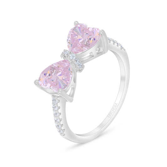 Sterling Silver 925 Ring Rhodium Plated Embedded With Pink Zircon And White Zircon