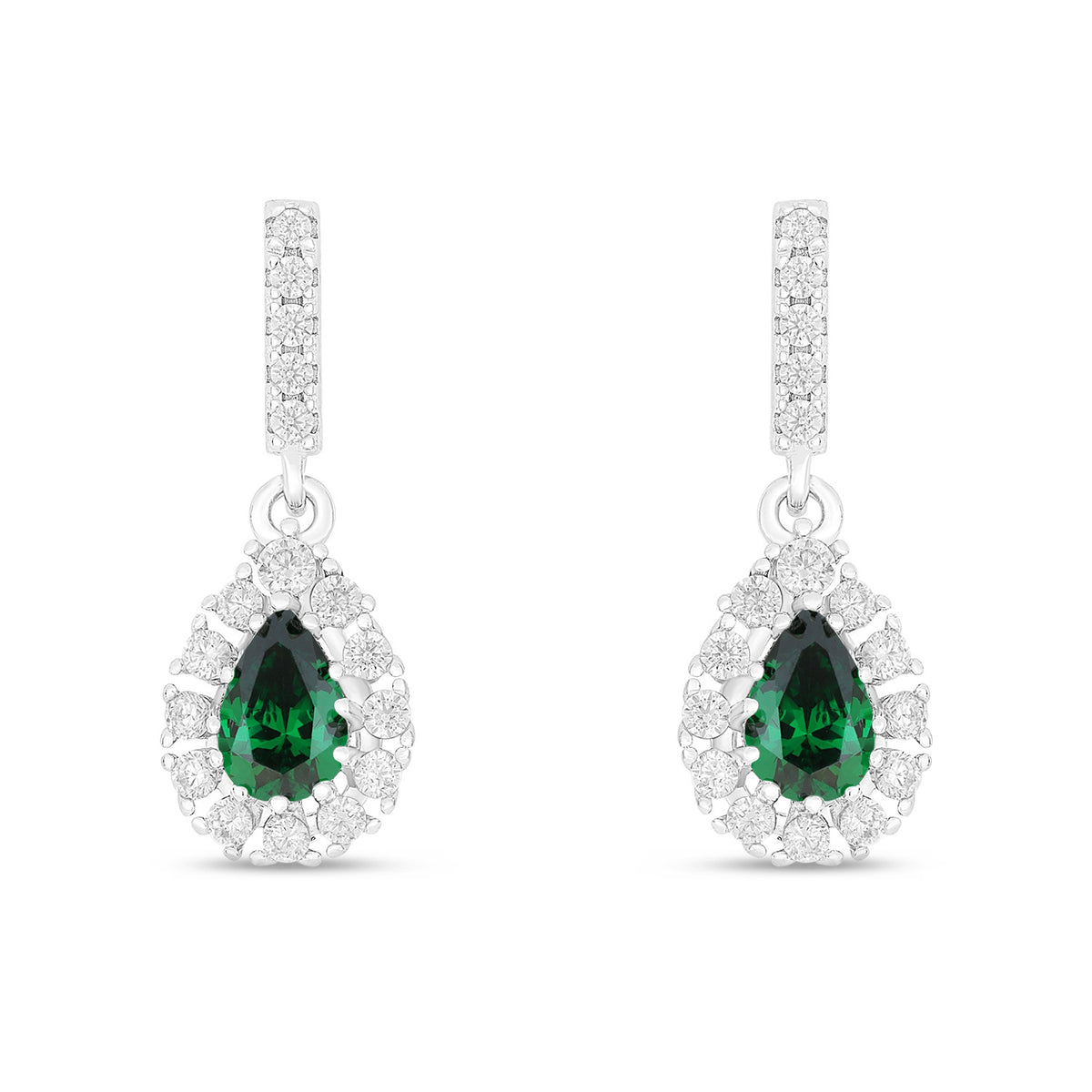 Sterling Silver 925 Earring Rhodium Plated Embedded With Emerald Zircon And White Zircon