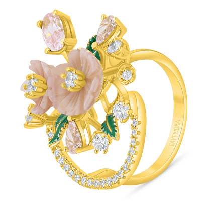 Sterling Silver 925 Ring Golden Plated Embedded With Pink Shell And Pink Zircon