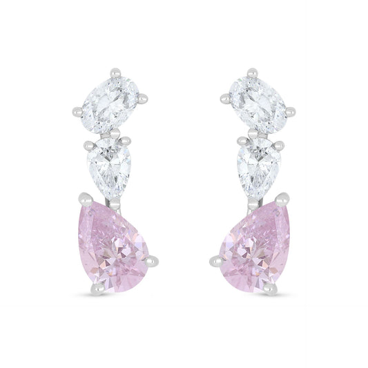 Sterling Silver 925 Earring Rhodium Plated Embedded With Pink Zircon And White Zircon