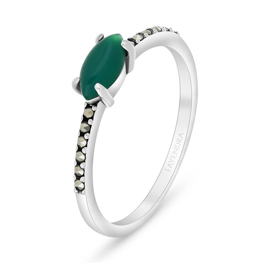 Sterling Silver 925 Ring Embedded With Natural Green Agate And Marcasite Stones