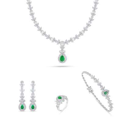 Sterling Silver 925 Set Rhodium Plated Embedded With Emerald Zircon And White Zircon