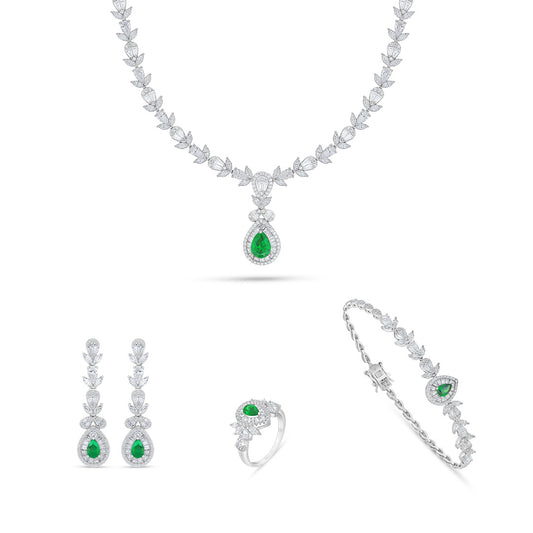 Sterling Silver 925 Set Rhodium Plated Embedded With Emerald Zircon And White Zircon