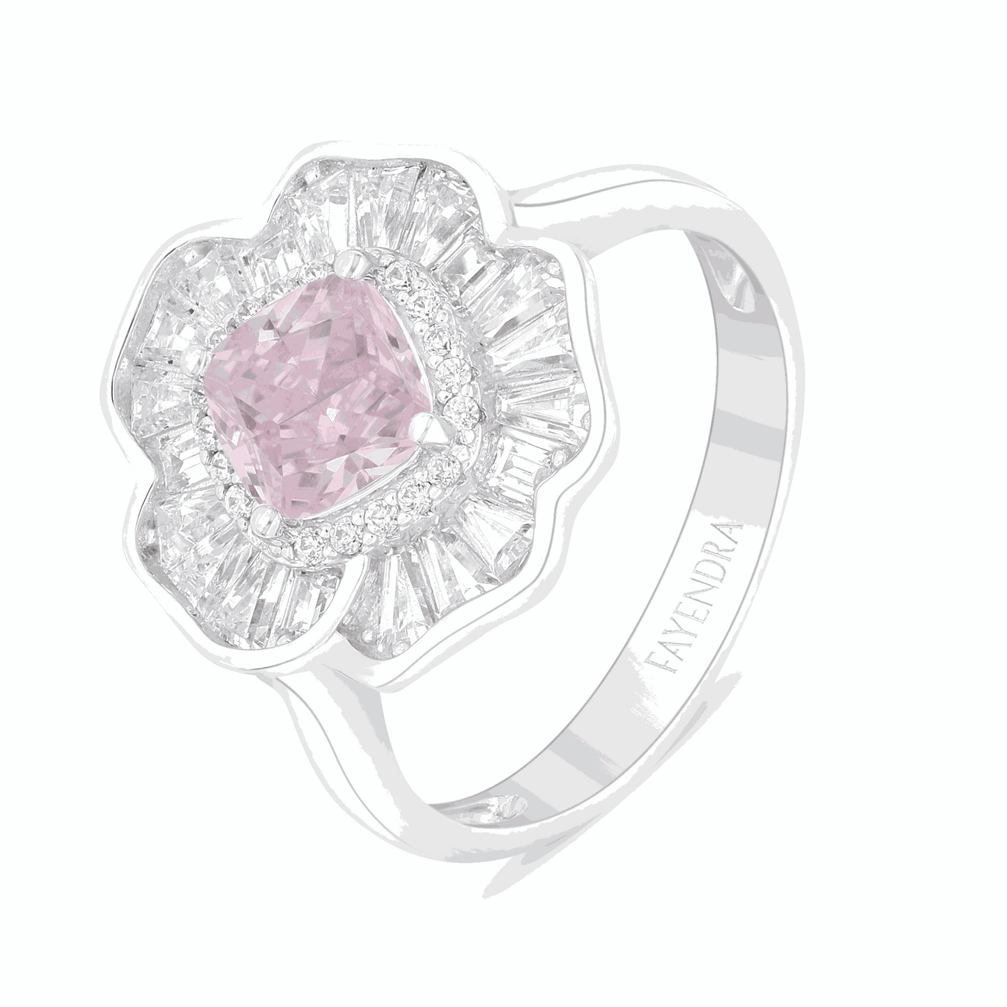 Sterling Silver 925 Ring Rhodium Plated Embedded With Pink Zircon And White Zircon