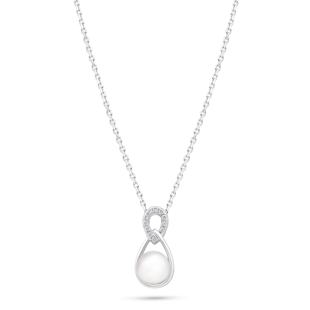 عقد من الفضة الخالصة عيار 925 مطلي روديوم مرصع لولو ابيض طبيعي و فص ابيض