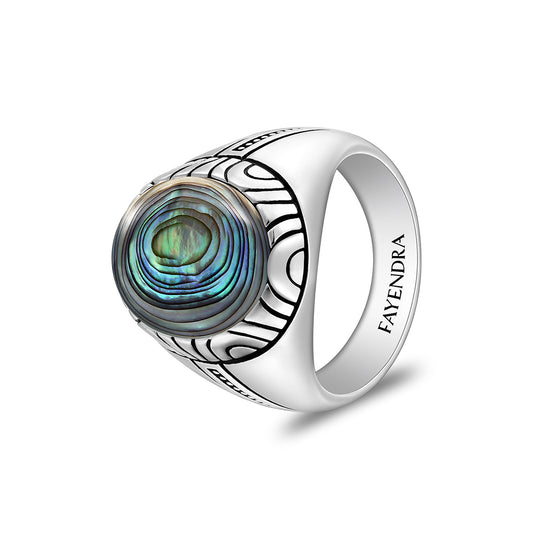 Sterling Silver 925 Ring Rhodium And Black Plated Embedded With Cabochon Paua Shell For Men