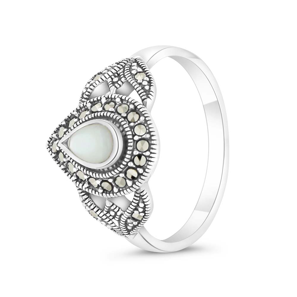 Sterling Silver 925 Ring Embedded With Natural White Shell And Marcasite Stones