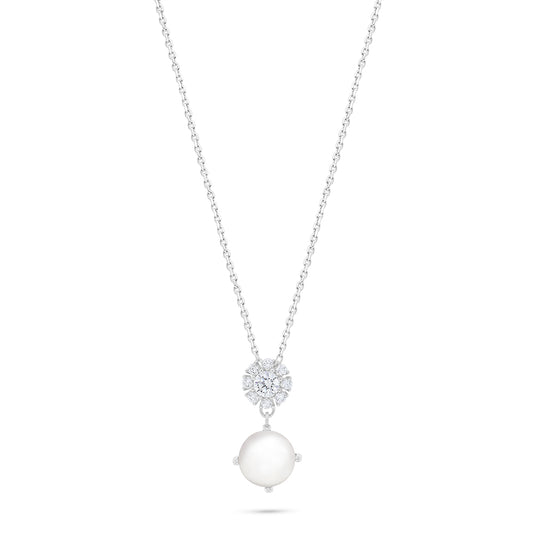 Sterling Silver 925 Necklace Rhodium Plated Embedded With Natural White Pearl And White Zircon