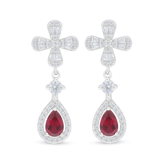 Sterling Silver 925 Earring Rhodium Plated Embedded With Ruby Corundum And White Zircon