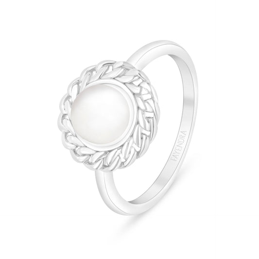 Sterling Silver 925 Ring Rhodium Plated Embedded With Natural White Pearl