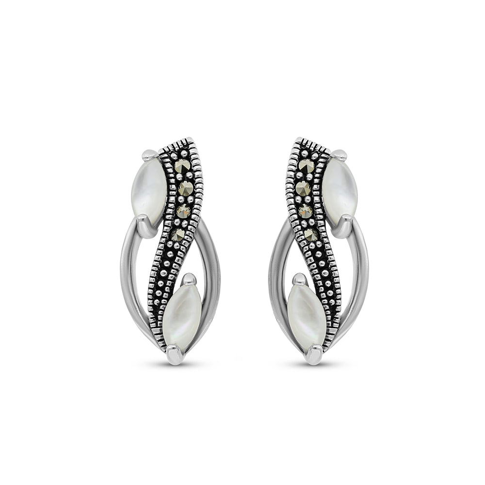 Sterling Silver 925 Earring Embedded With Natural White Shell And Marcasite Stones