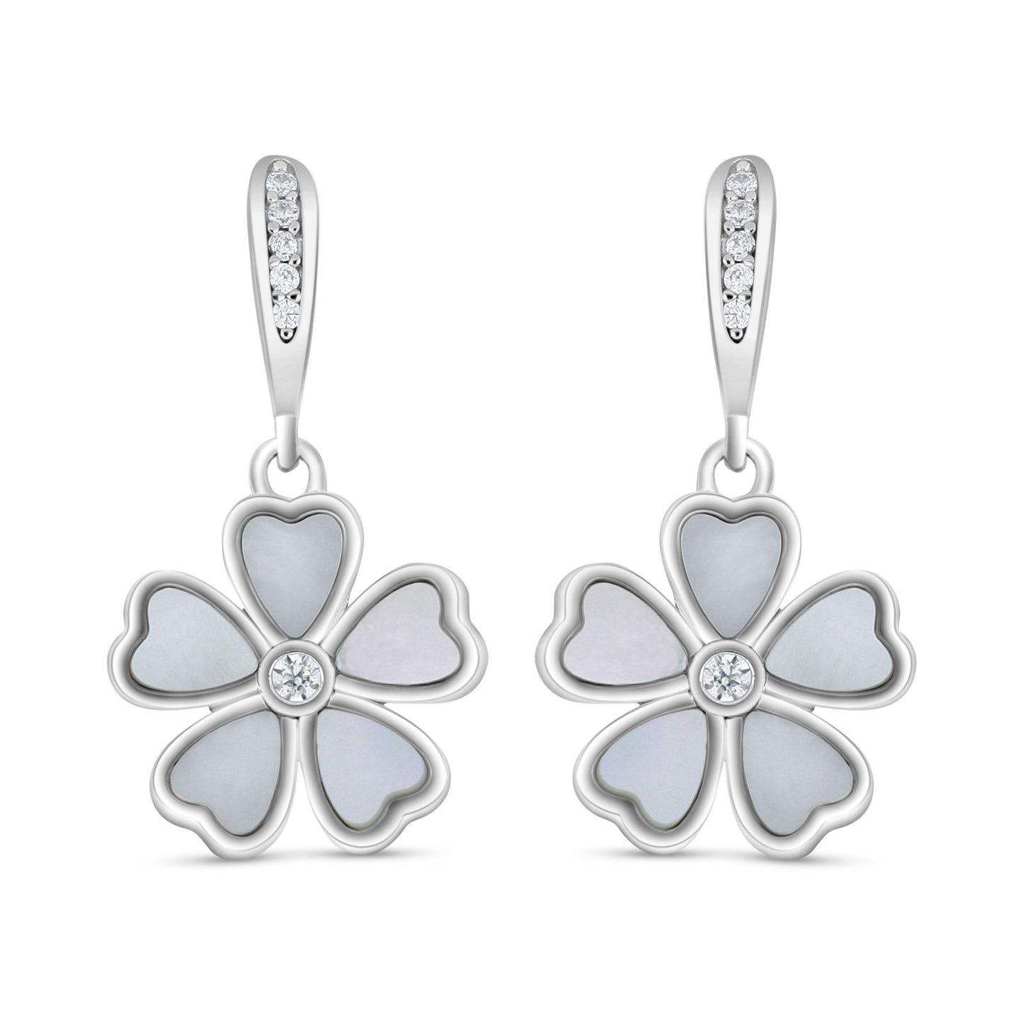 Sterling Silver 925 Earring Rhodium Plated Embedded With White Shell And White Zircon