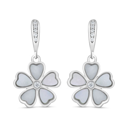 Sterling Silver 925 Earring Rhodium Plated Embedded With White Shell And White Zircon