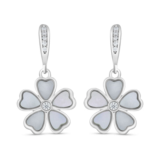 Sterling Silver 925 Earring Rhodium Plated Embedded With White Shell And White Zircon