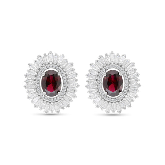 Sterling Silver 925 Earring Rhodium Plated Embedded With Ruby Corundum And White Zircon