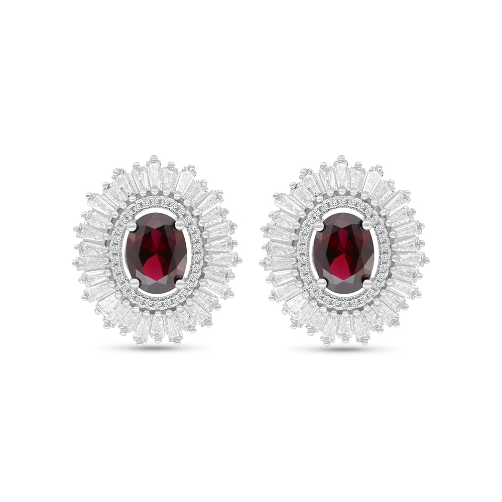 Sterling Silver 925 Earring Rhodium Plated Embedded With Ruby Corundum And White Zircon